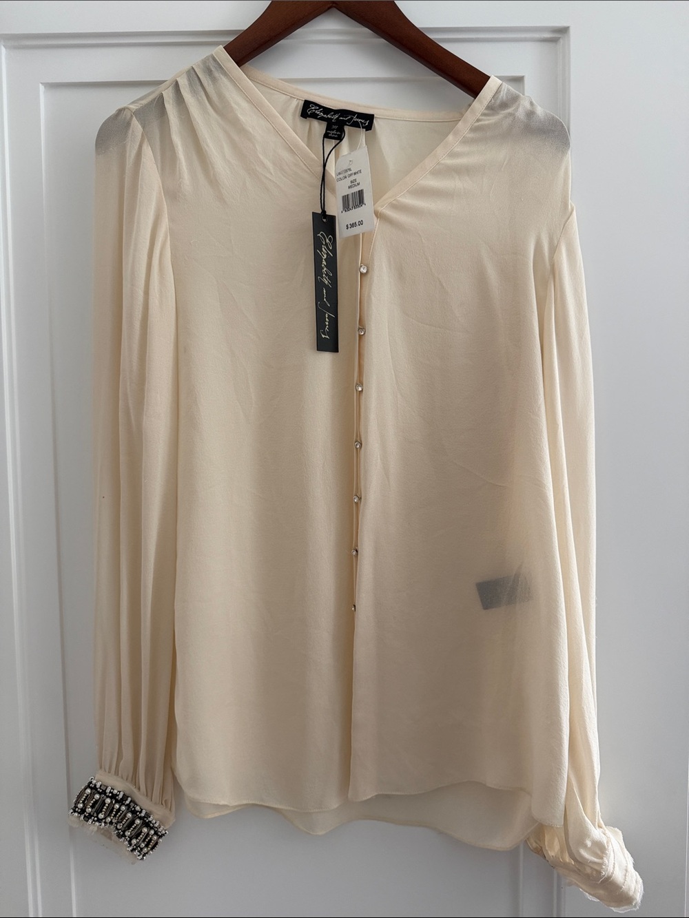 Elizabeth + James Diamond Button Cream silk Blouse with Embellished Cuffs sz Med
